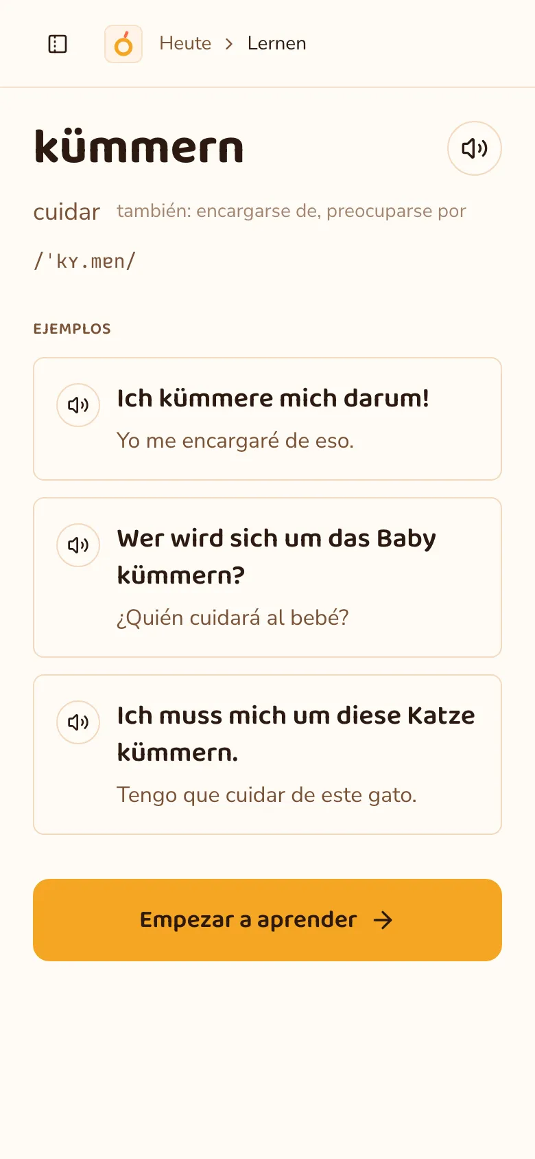 Ficha de la palabra alemana kümmern con traducción al español, pronunciación y ejemplos con audio