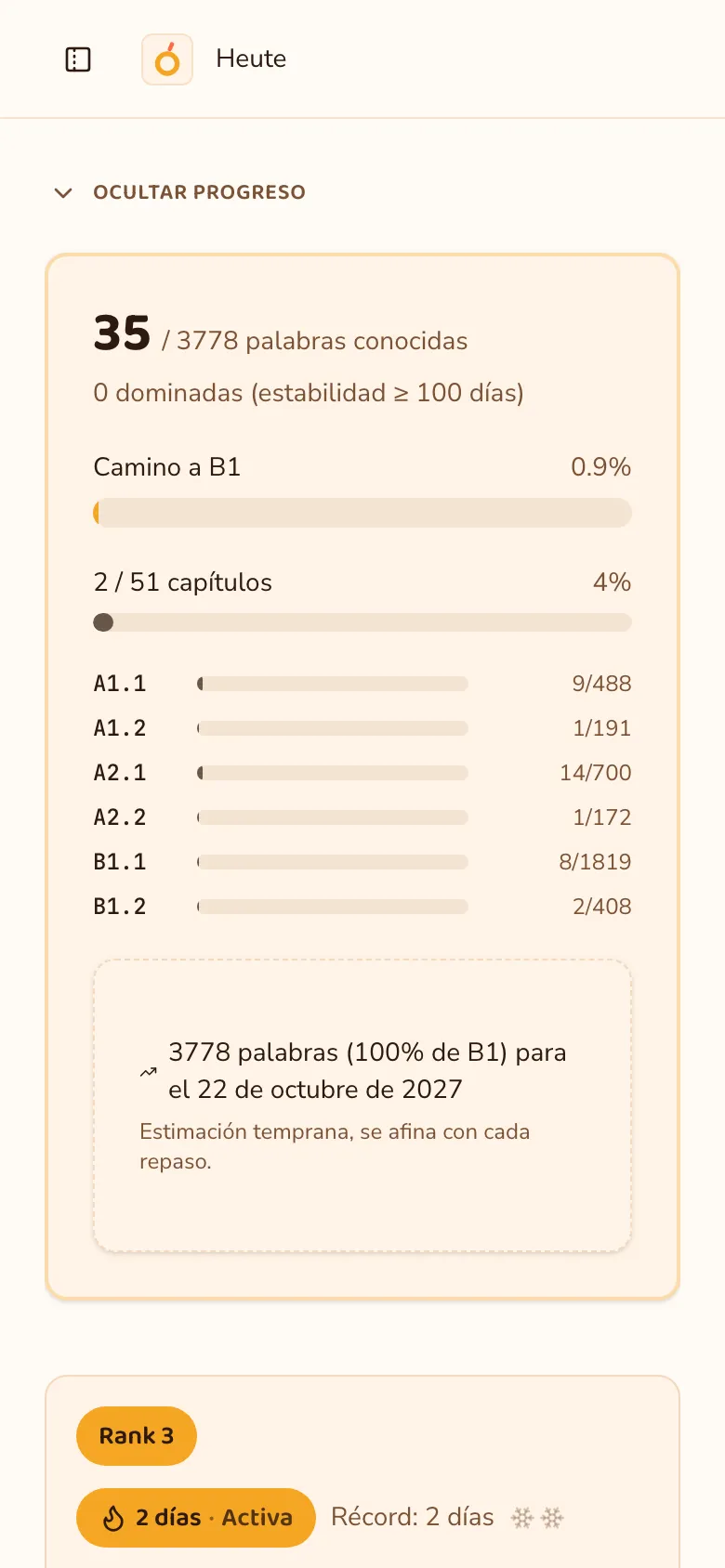 Panel de progreso de Dóich con palabras conocidas, camino al nivel B1 y avance por subniveles
