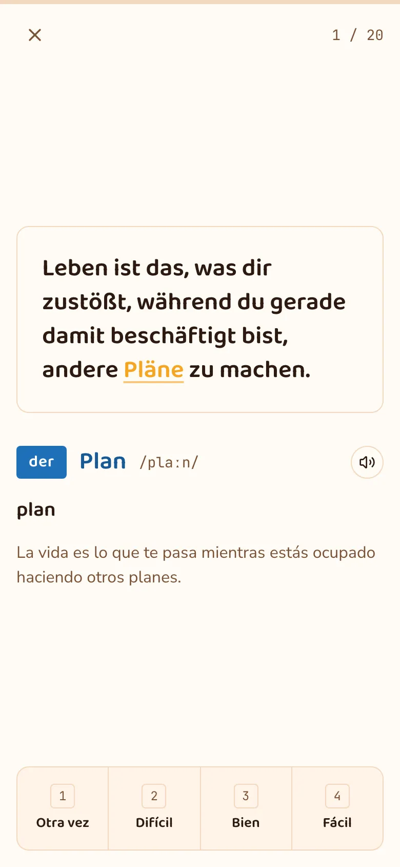 Tarjeta de repaso de vocabulario alemán con la palabra der Plan, su traducción al español y botones de calificación
